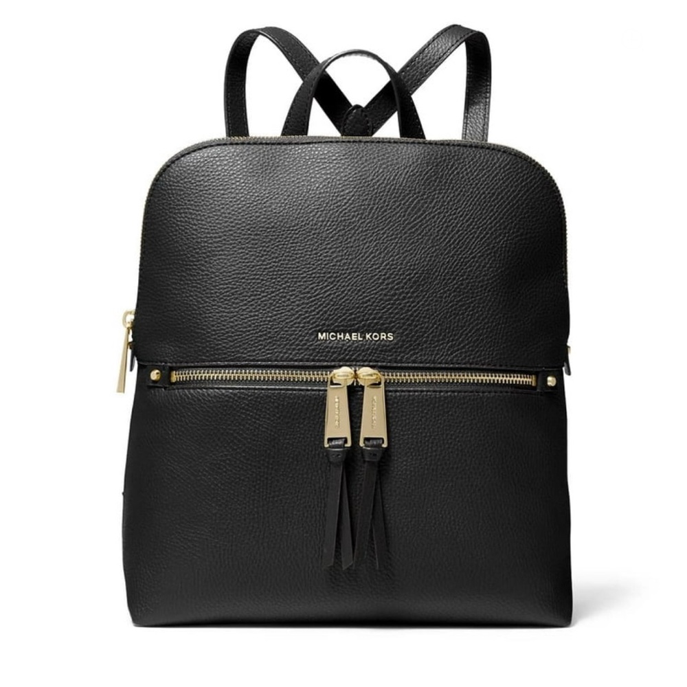 Michael Kors Rhea Pebbled Leather Zip Medium Slim Backpack (Black/Gold Hardware)